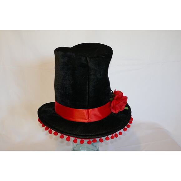 Day of The Dead Black Costume Hat with Red Flowers and Ribbon - Picture 6 of 10